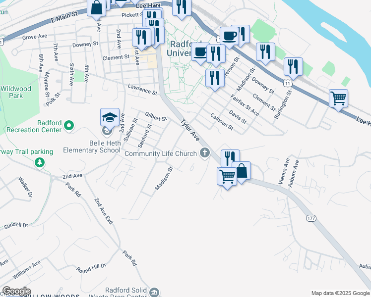 map of restaurants, bars, coffee shops, grocery stores, and more near 117 Hammett Avenue in Radford