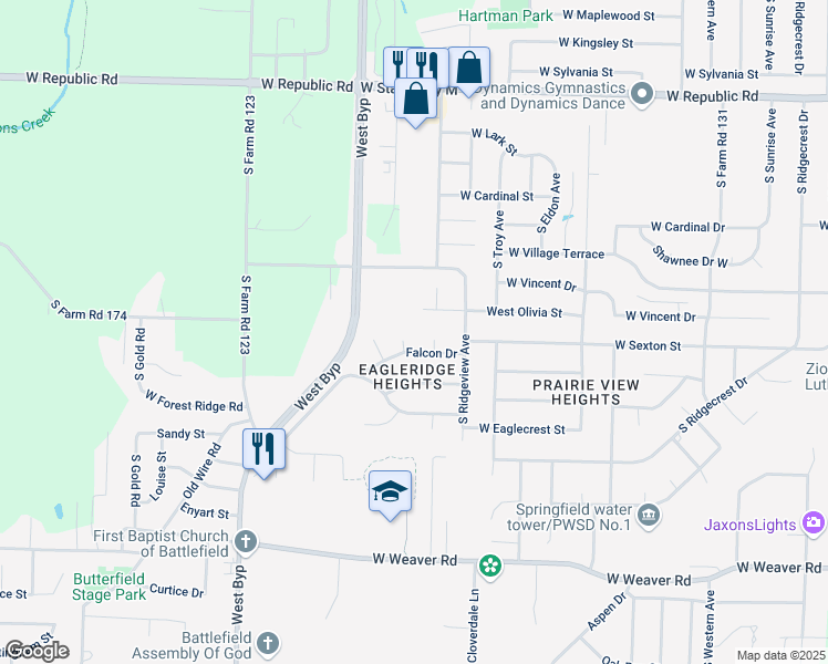 map of restaurants, bars, coffee shops, grocery stores, and more near 4621 Talon Court in Battlefield