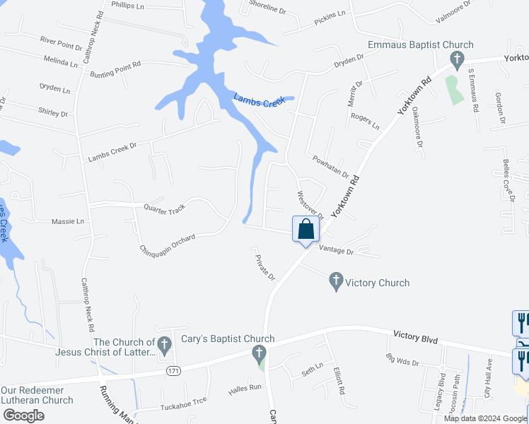 map of restaurants, bars, coffee shops, grocery stores, and more near 20 North Carriage Hill Drive in Poquoson