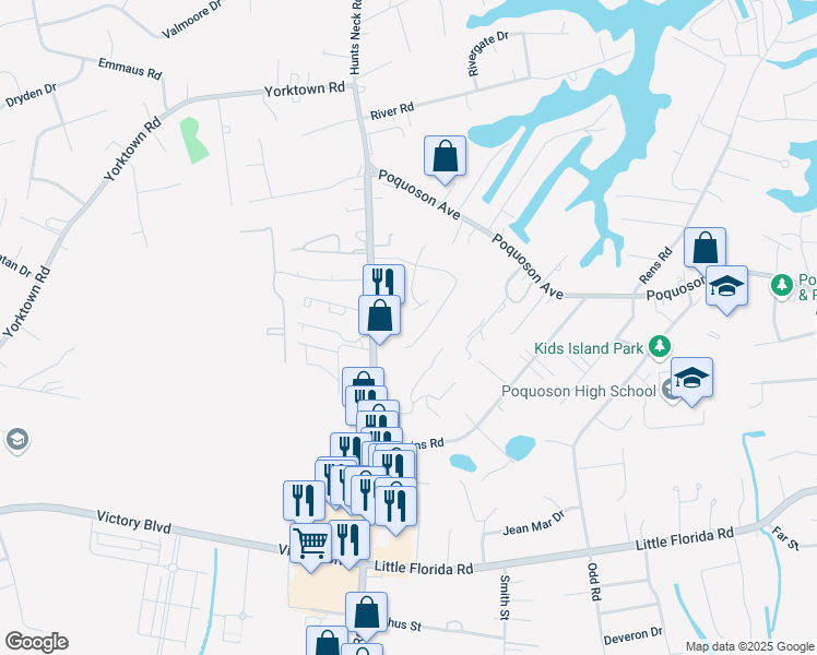 map of restaurants, bars, coffee shops, grocery stores, and more near 18 Wainwright Drive in Poquoson