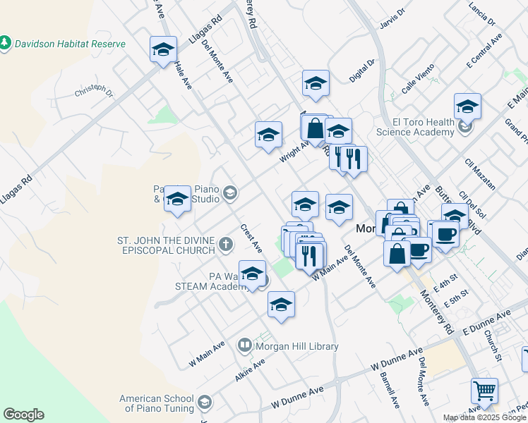 map of restaurants, bars, coffee shops, grocery stores, and more near 220 Berry Court in Morgan Hill