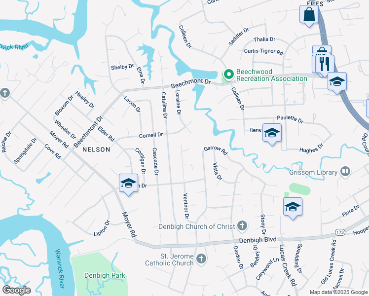 map of restaurants, bars, coffee shops, grocery stores, and more near 208 Earle Court in Newport News