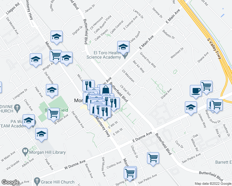 map of restaurants, bars, coffee shops, grocery stores, and more near 198 Triggs Lane in Morgan Hill