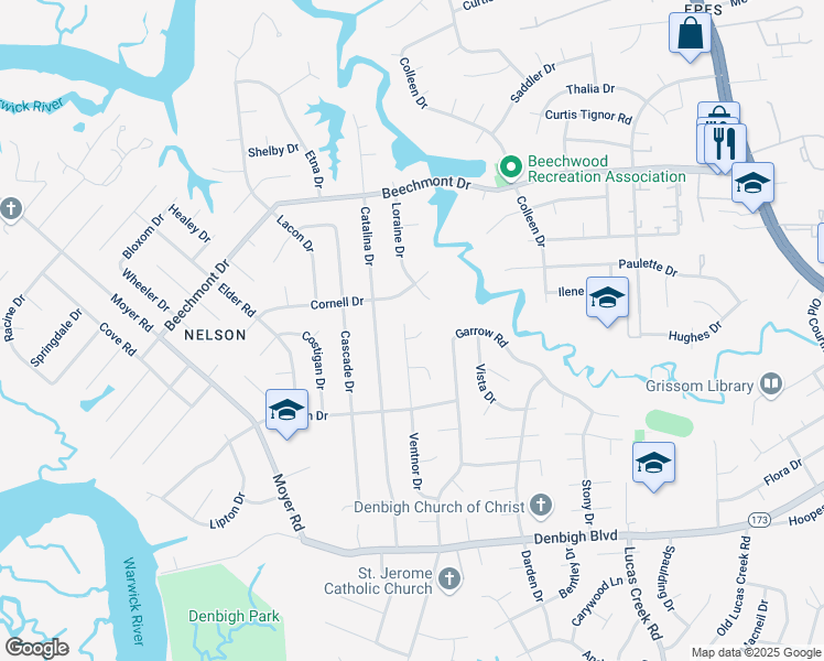 map of restaurants, bars, coffee shops, grocery stores, and more near 208 Earle Court in Newport News