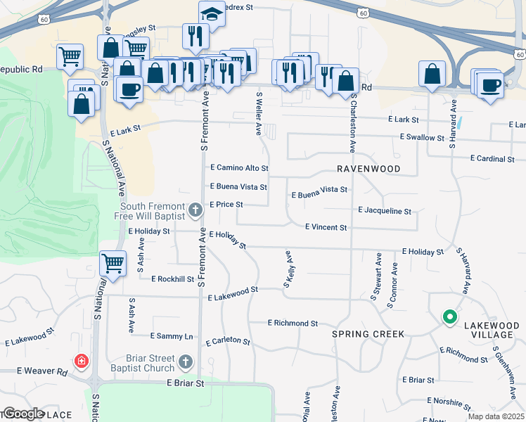 map of restaurants, bars, coffee shops, grocery stores, and more near 1544 East Price Street in Springfield