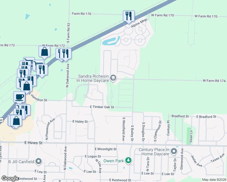 map of restaurants, bars, coffee shops, grocery stores, and more near 7206 West Farm Road 174 in Republic