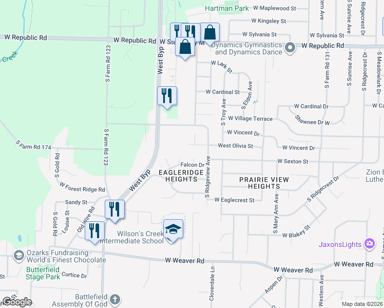 map of restaurants, bars, coffee shops, grocery stores, and more near 4621 Talon Court in Battlefield