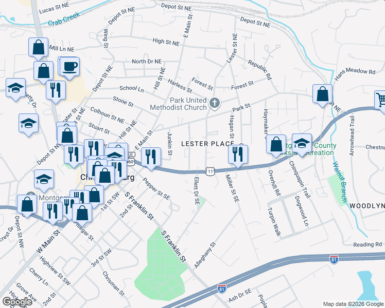 map of restaurants, bars, coffee shops, grocery stores, and more near 104 Lester Street Northeast in Christiansburg