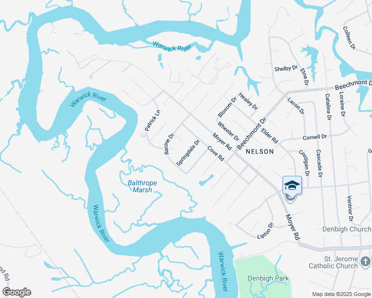 map of restaurants, bars, coffee shops, grocery stores, and more near 81 Springdale Drive in Newport News