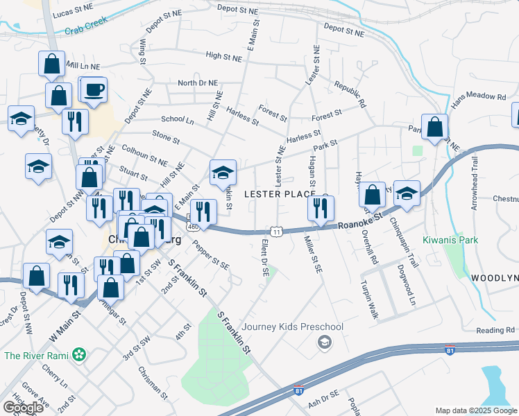 map of restaurants, bars, coffee shops, grocery stores, and more near 111 Evans Street in Christiansburg