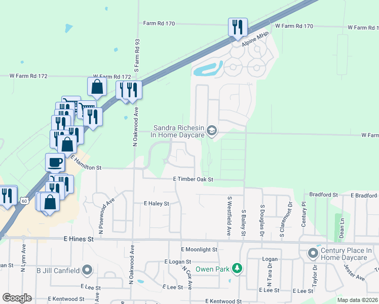 map of restaurants, bars, coffee shops, grocery stores, and more near 1024 North Oxford Drive in Republic