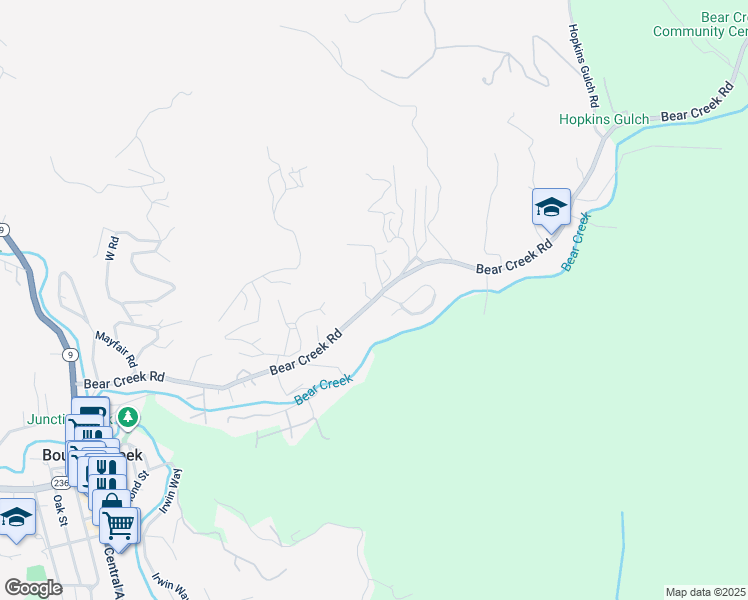 map of restaurants, bars, coffee shops, grocery stores, and more near Bear Creek Road in Boulder Creek