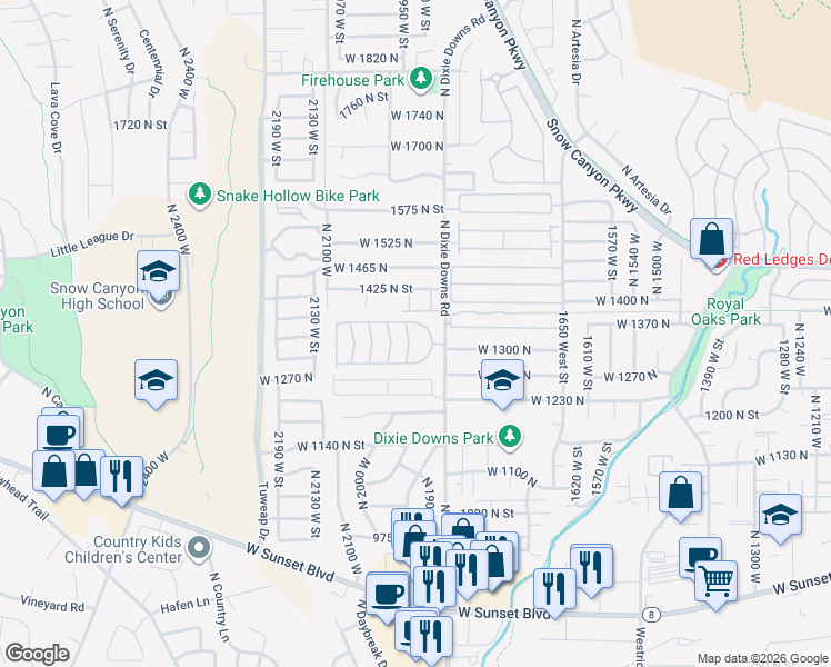 map of restaurants, bars, coffee shops, grocery stores, and more near 1331 North Dixie Downs Road in St. George