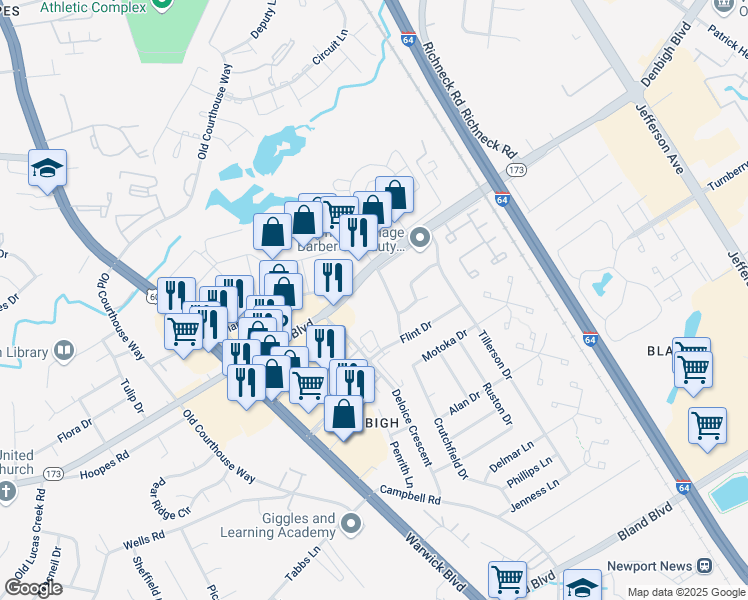map of restaurants, bars, coffee shops, grocery stores, and more near 440 Denbigh Boulevard in Newport News