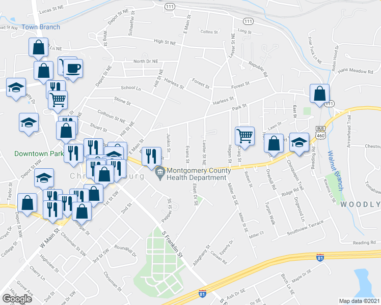 map of restaurants, bars, coffee shops, grocery stores, and more near 104 Lester Street Northeast in Christiansburg
