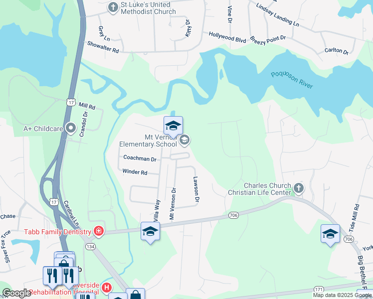 map of restaurants, bars, coffee shops, grocery stores, and more near 310 Mount Vernon Drive in Yorktown