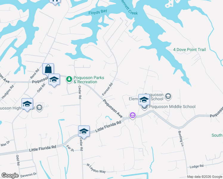 map of restaurants, bars, coffee shops, grocery stores, and more near 4 Forrest Road in Poquoson