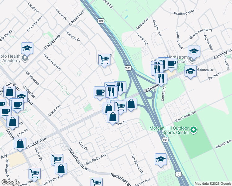 map of restaurants, bars, coffee shops, grocery stores, and more near 17050 Laurel Road in Morgan Hill
