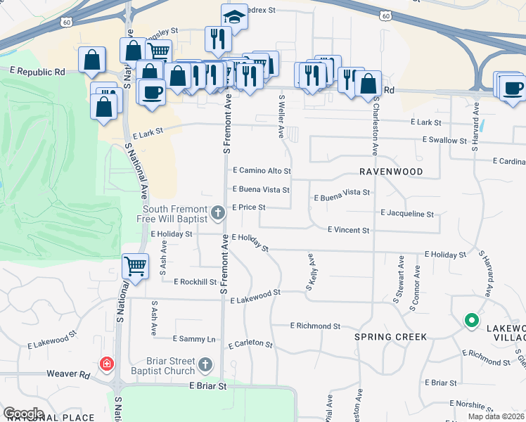 map of restaurants, bars, coffee shops, grocery stores, and more near 4552 South Cresent Avenue in Springfield