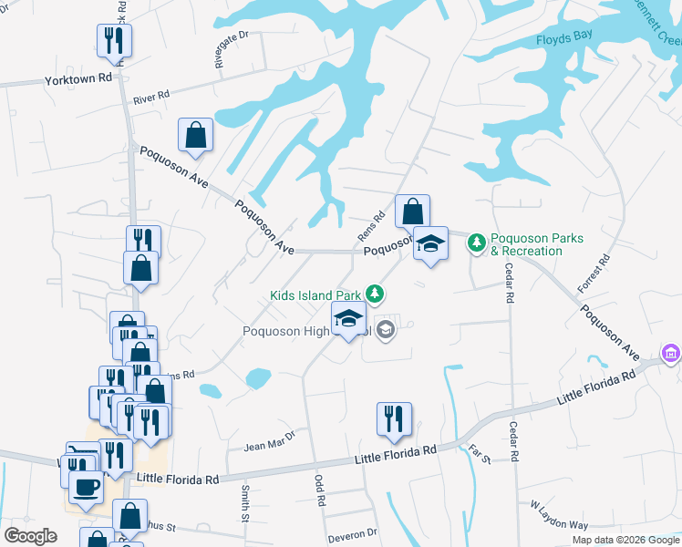 map of restaurants, bars, coffee shops, grocery stores, and more near 9 Terrace Drive in Poquoson