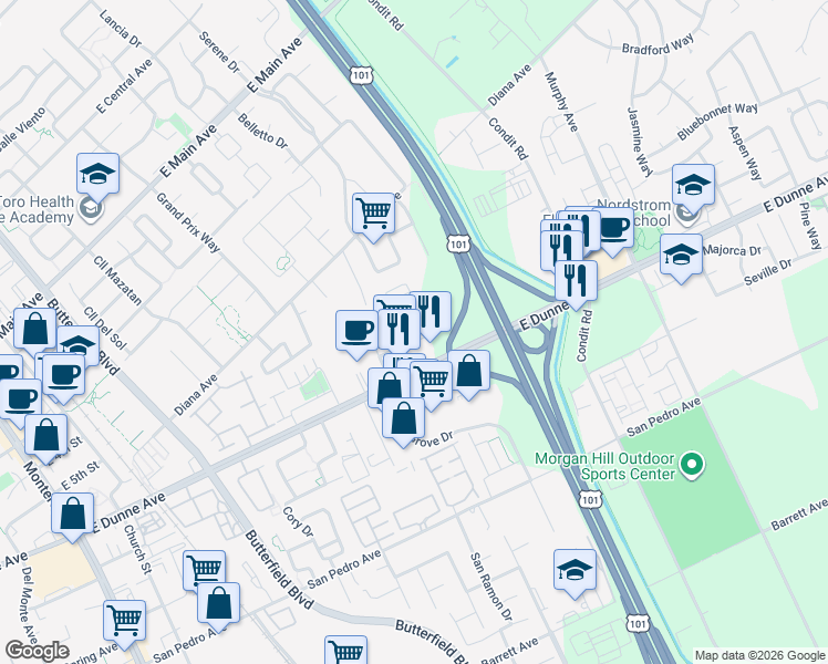 map of restaurants, bars, coffee shops, grocery stores, and more near 17050 Laurel Road in Morgan Hill