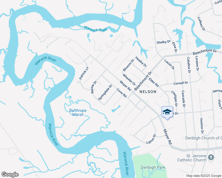 map of restaurants, bars, coffee shops, grocery stores, and more near 80 Springdale Drive in Newport News