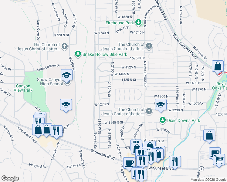 map of restaurants, bars, coffee shops, grocery stores, and more near 1331 North Dixie Downs Road in St. George
