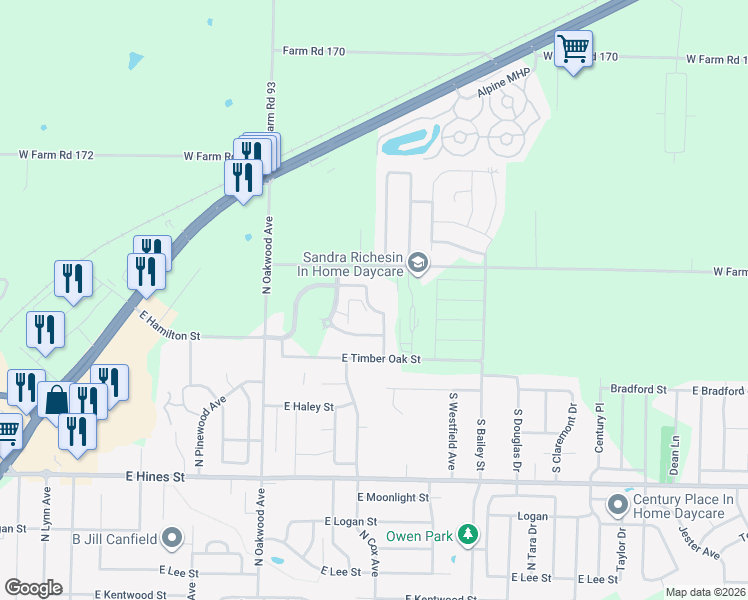 map of restaurants, bars, coffee shops, grocery stores, and more near 1024 North Oxford Drive in Republic