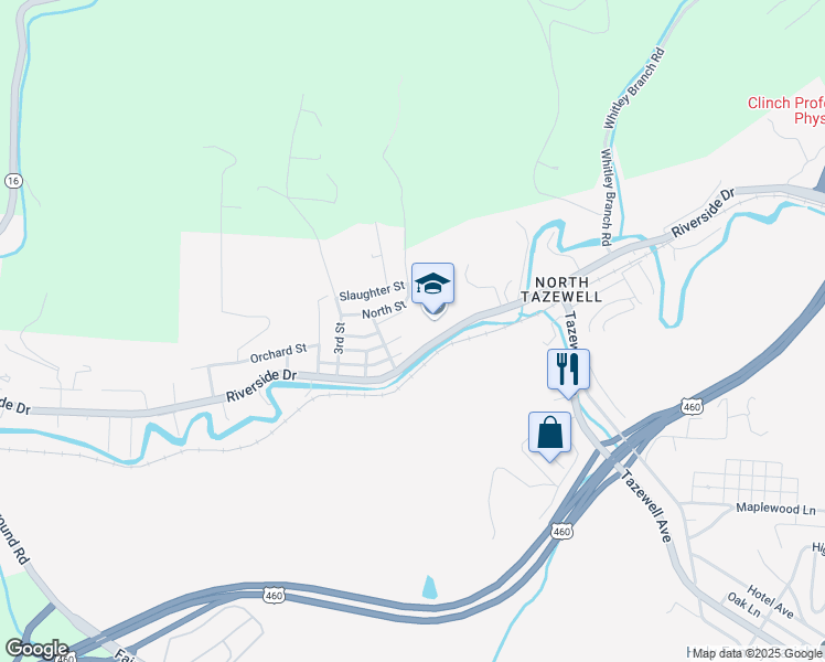 map of restaurants, bars, coffee shops, grocery stores, and more near 300 West Riverside Drive in Tazewell