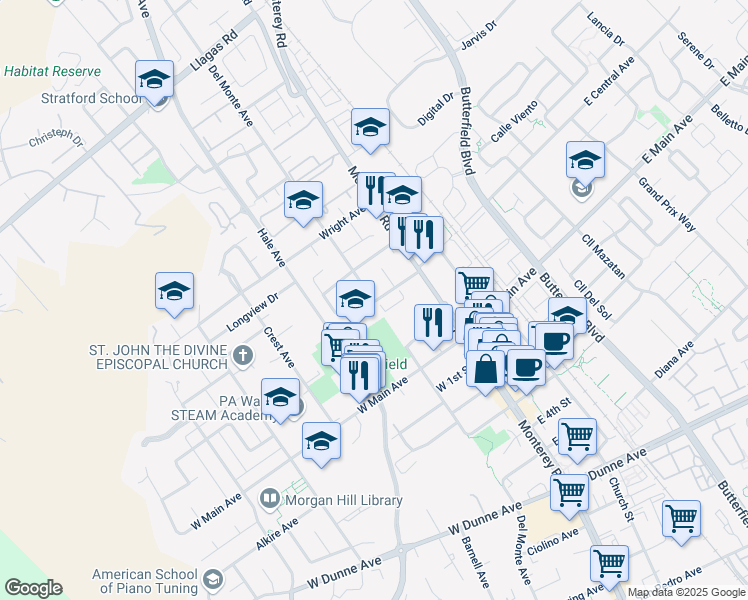 map of restaurants, bars, coffee shops, grocery stores, and more near Del Monte Avenue in Morgan Hill