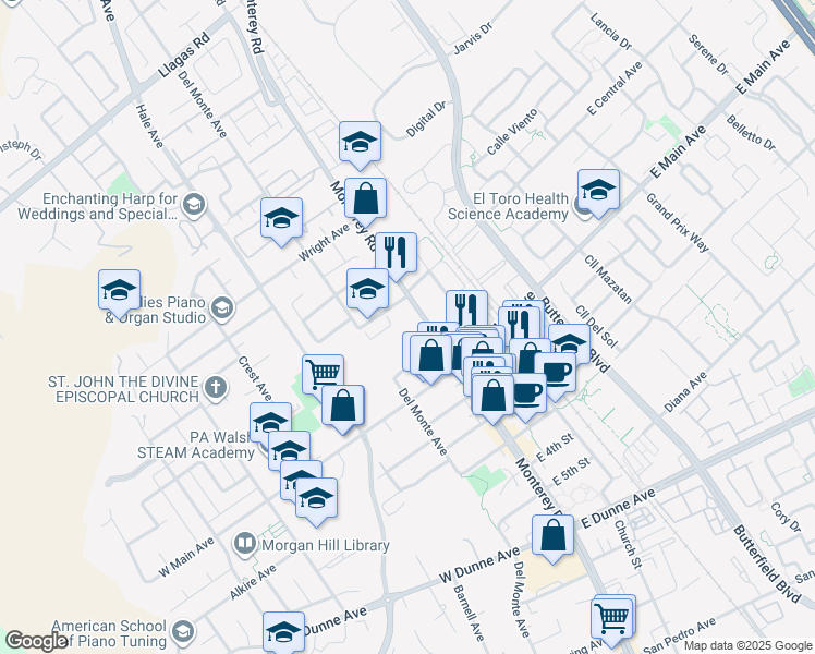 map of restaurants, bars, coffee shops, grocery stores, and more near 80 West Central Avenue in Morgan Hill