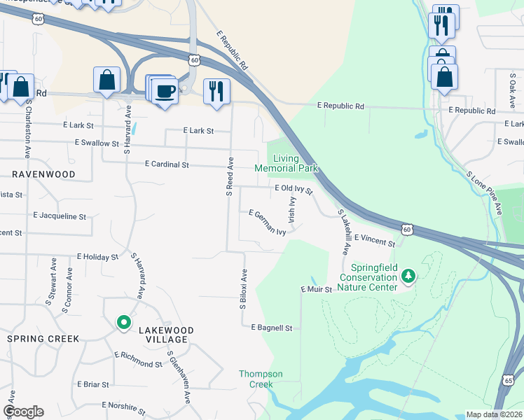 map of restaurants, bars, coffee shops, grocery stores, and more near 2438 East German Ivy in Springfield