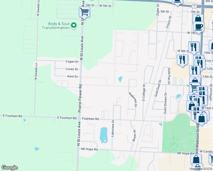 map of restaurants, bars, coffee shops, grocery stores, and more near Betenbough Way in Webb City