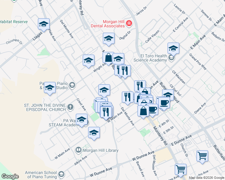 map of restaurants, bars, coffee shops, grocery stores, and more near 80 West Central Avenue in Morgan Hill