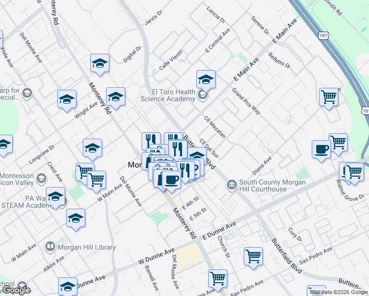 map of restaurants, bars, coffee shops, grocery stores, and more near 175 East Main Avenue in Morgan Hill