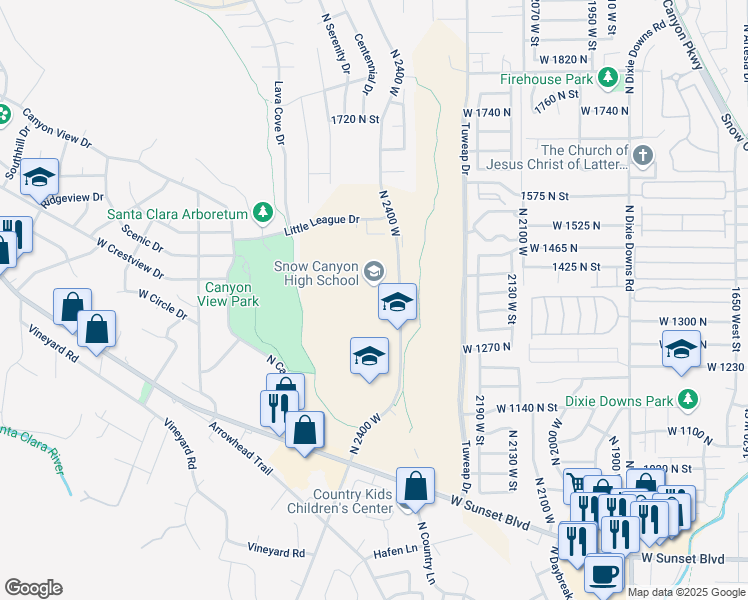 map of restaurants, bars, coffee shops, grocery stores, and more near 1385 North 2400 West in St. George