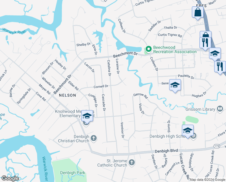map of restaurants, bars, coffee shops, grocery stores, and more near 864 Catalina Drive in Newport News