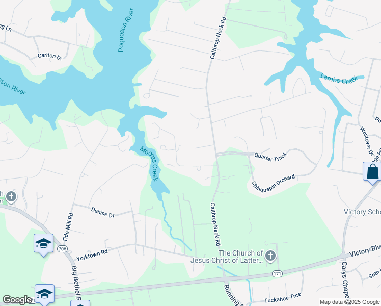 map of restaurants, bars, coffee shops, grocery stores, and more near 106 Barclay Road in Yorktown