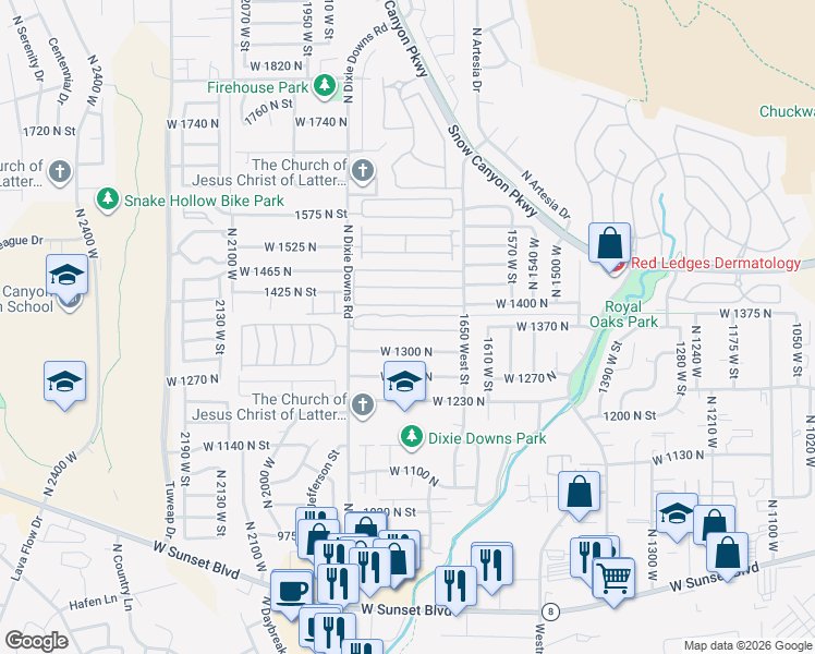 map of restaurants, bars, coffee shops, grocery stores, and more near 1786 1300 North in St. George