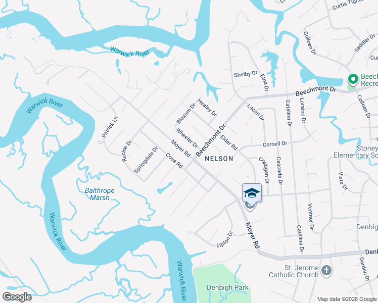 map of restaurants, bars, coffee shops, grocery stores, and more near 95 Beechmont Drive in Newport News