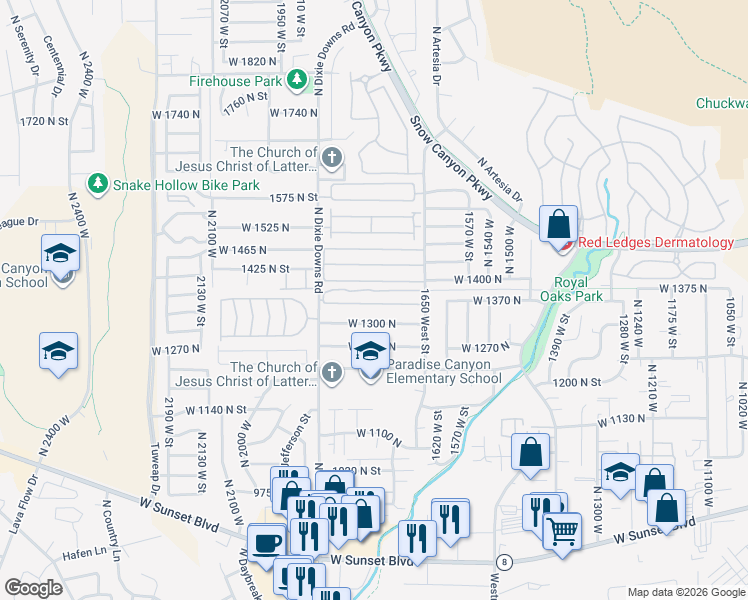 map of restaurants, bars, coffee shops, grocery stores, and more near 1360 North Dixie Downs Road in St. George
