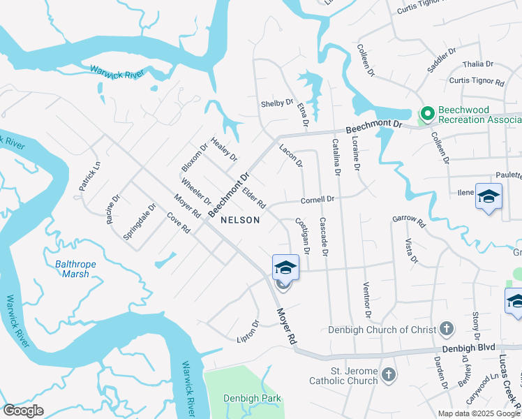 map of restaurants, bars, coffee shops, grocery stores, and more near 904 Costigan Drive in Newport News
