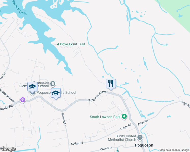 map of restaurants, bars, coffee shops, grocery stores, and more near 46 North Lawson Road in Poquoson