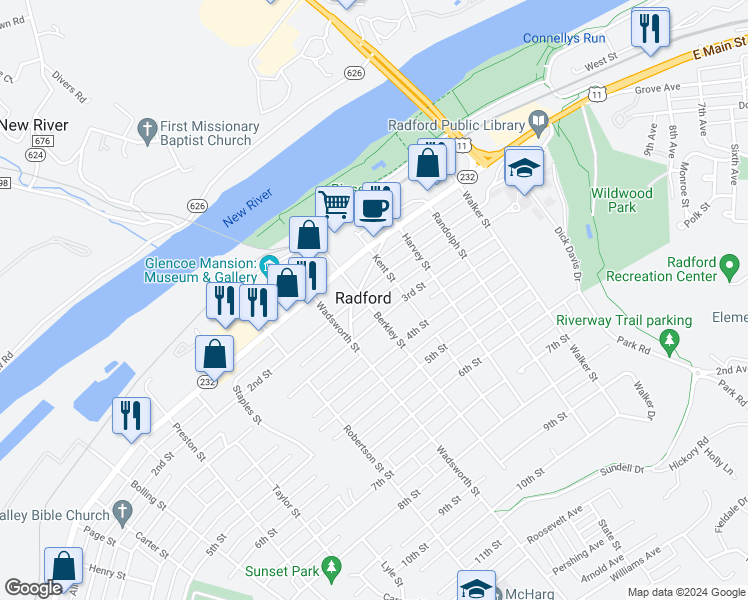 map of restaurants, bars, coffee shops, grocery stores, and more near 1300 Cedar Ridge Dr in Radford