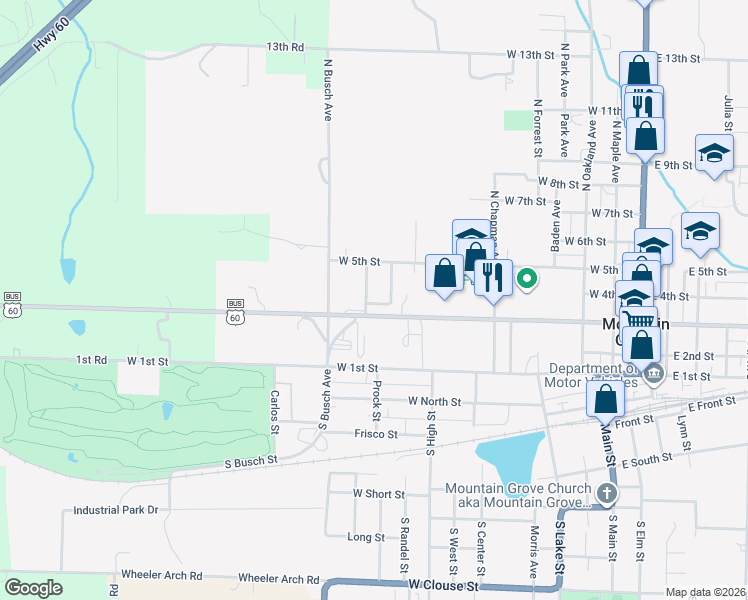 map of restaurants, bars, coffee shops, grocery stores, and more near 676-742 West 3rd Street in Mountain Grove