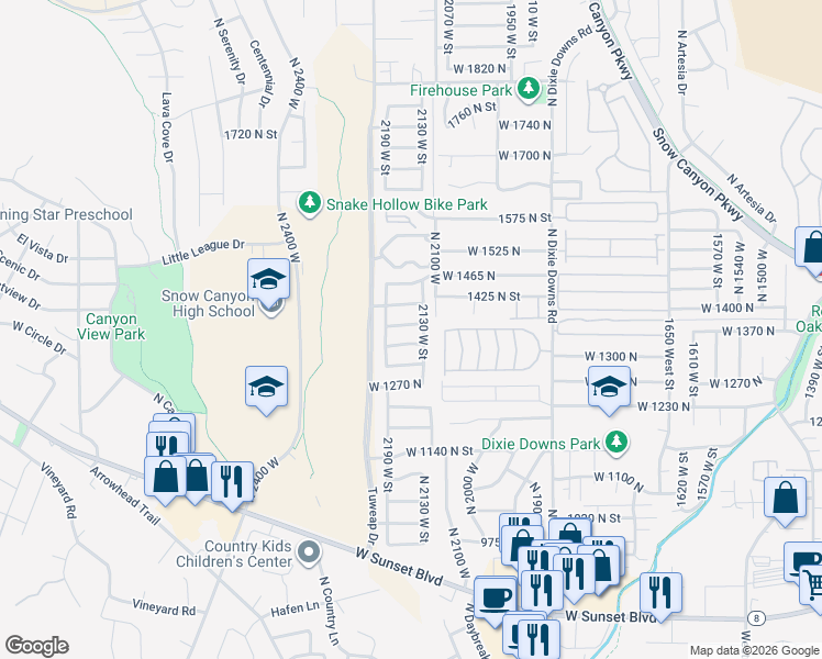 map of restaurants, bars, coffee shops, grocery stores, and more near 2155 West 1390 North in St. George