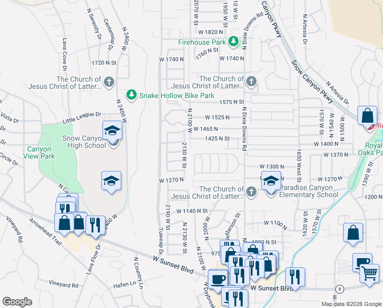 map of restaurants, bars, coffee shops, grocery stores, and more near 1331 North Dixie Downs Road in St. George