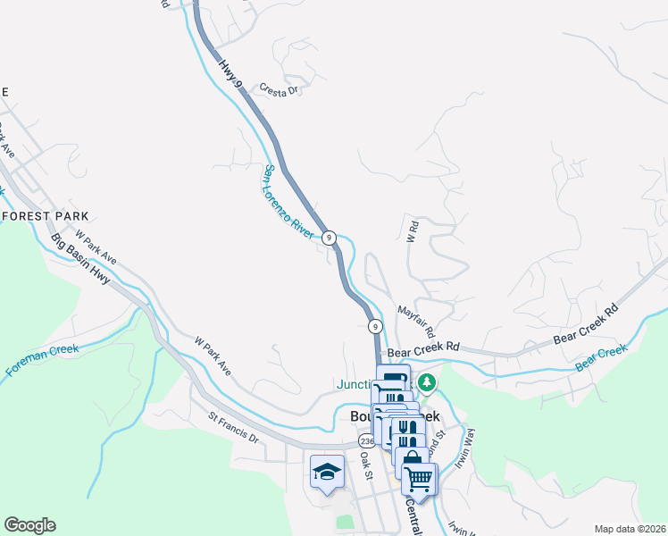 map of restaurants, bars, coffee shops, grocery stores, and more near 159 Hillside Avenue in Boulder Creek