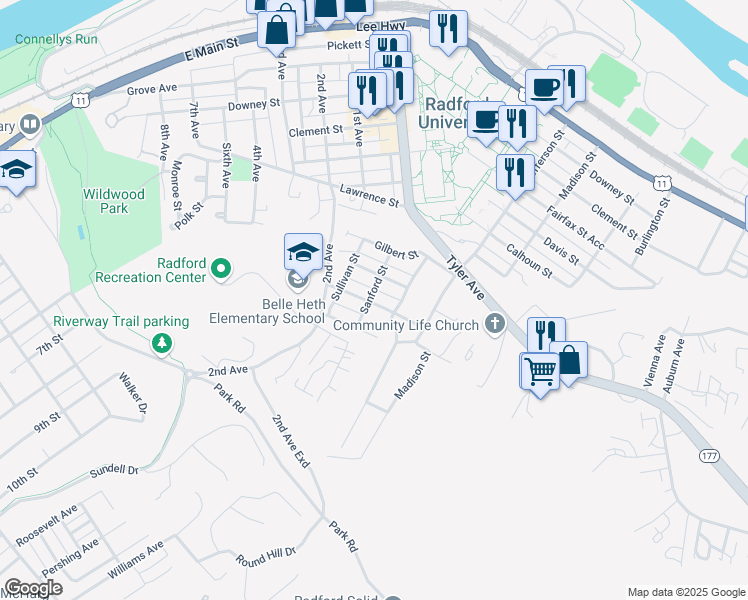 map of restaurants, bars, coffee shops, grocery stores, and more near 911 Sanford Street in Radford