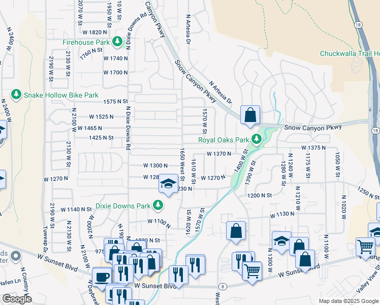 map of restaurants, bars, coffee shops, grocery stores, and more near 1373 North 1610 West in St. George